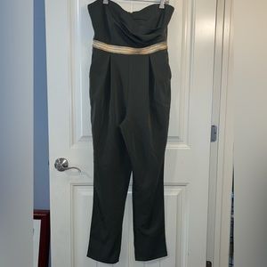 Sz L olive green w/gold strapless jumpsuit, Pockets, mustard seed brand NWT